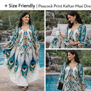 Peacock Feather Print Kaftan Maxi Dress | One Size | Flowy Resort & Lounge